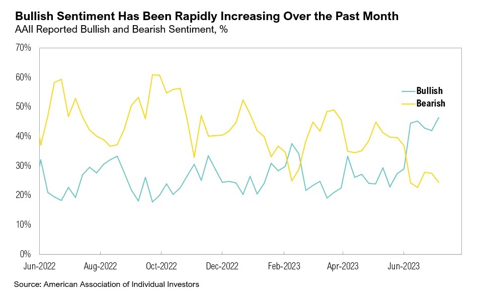 A graph displaying bullish and bearish sentiment percentages from June 2022 to June 2023