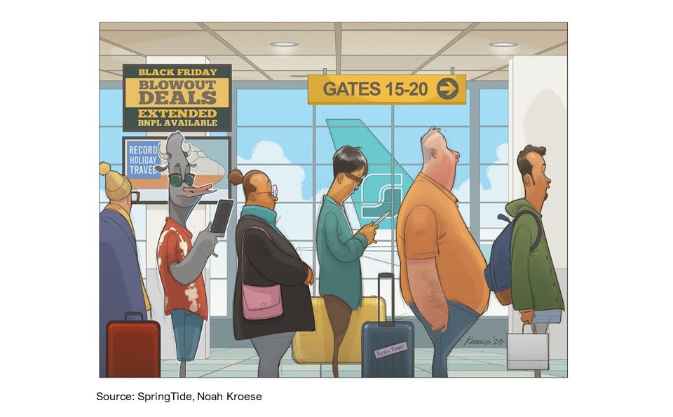 Cartoon image of people standing in line