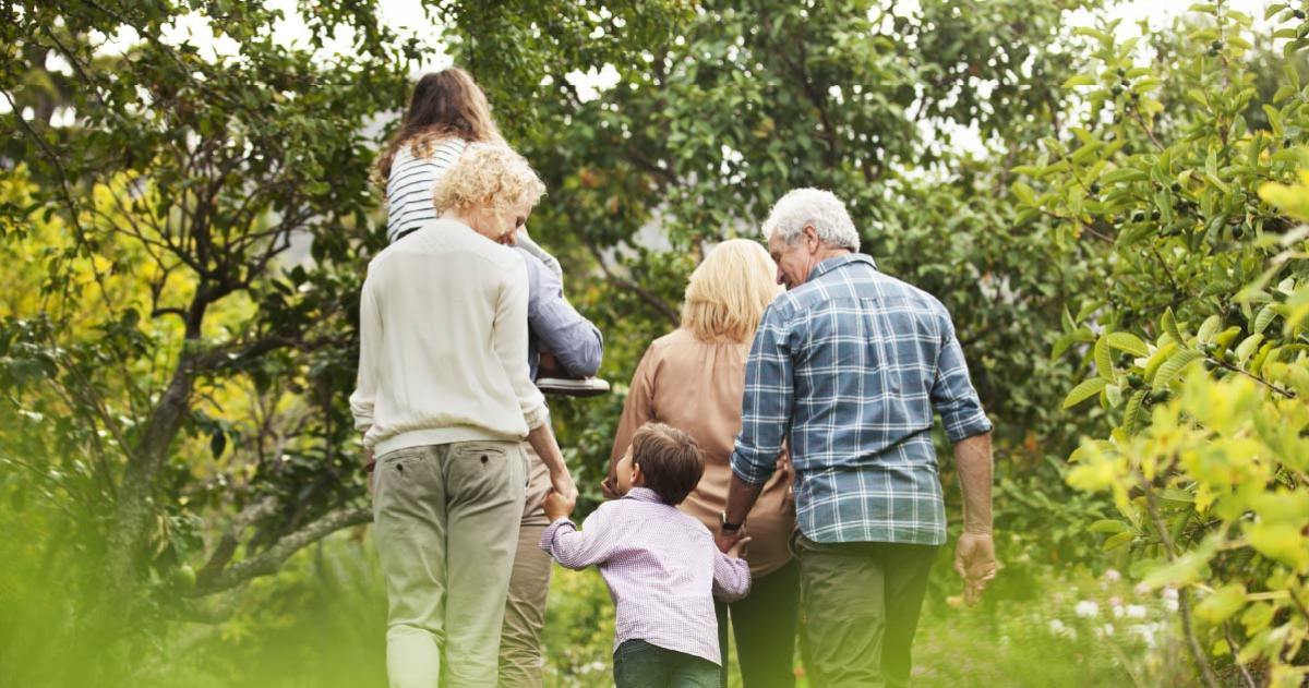 Multigenerational family holding hands and walking