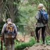 Older woman and man hiking in the woods